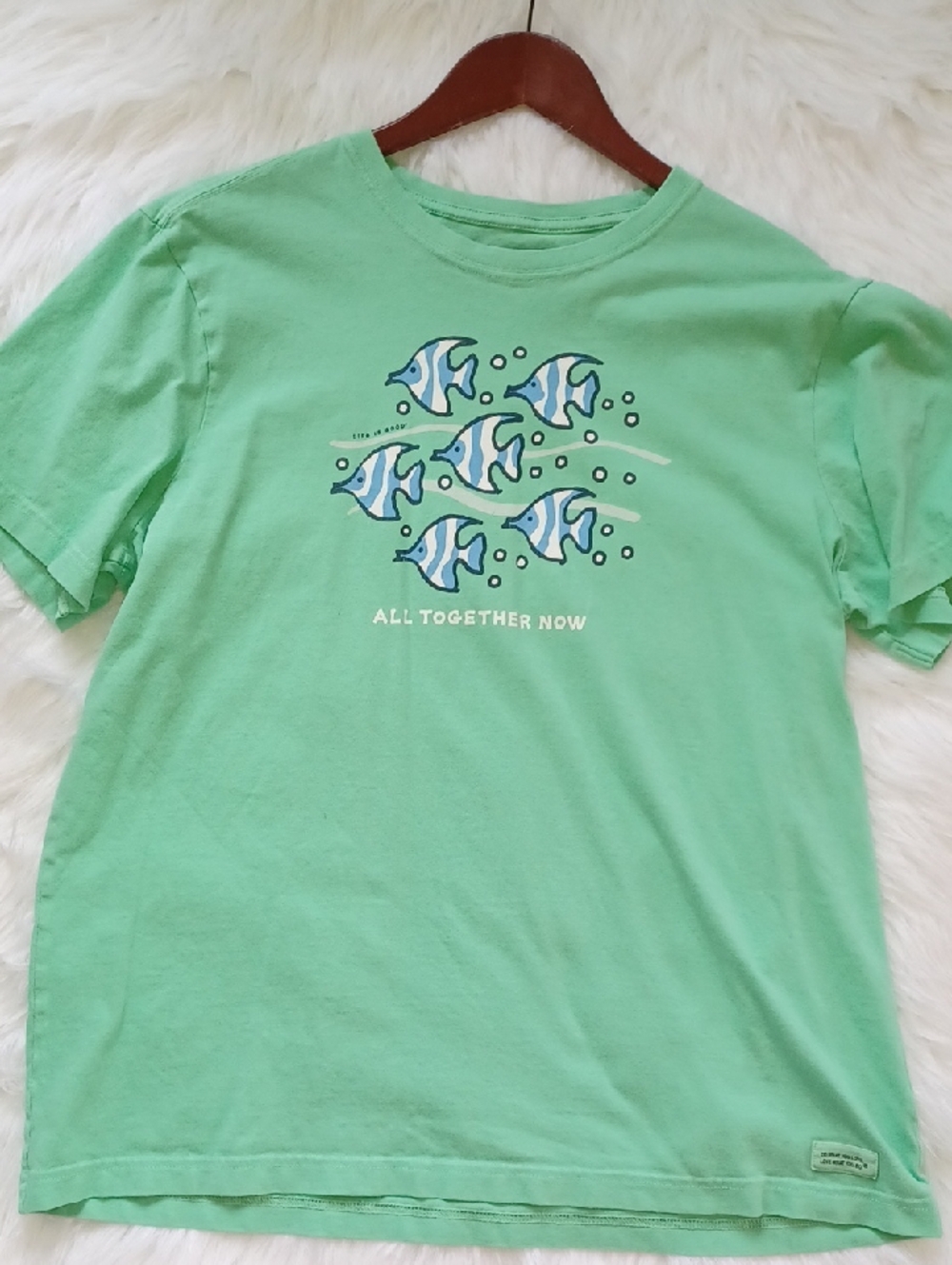 Life Is Good Crusher Shirt  "All Together Now"  Fish. Mens Large. Mint Green.